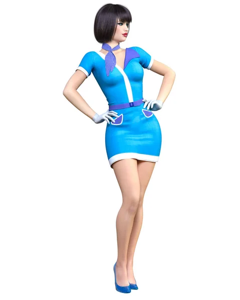 Mulher Bonita Stewardess Air Hostess Voo Girl Short Vestido Voo — Fotografia de Stock