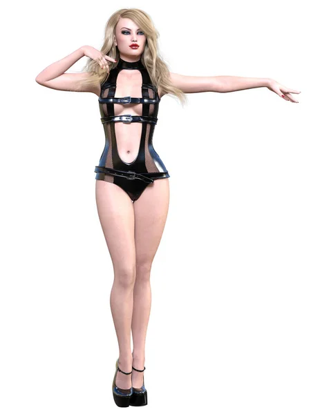 Wysoka Seksowna Kobieta Minimalistycznym Seksownym Lateksowym Body Suite Konceptualna Sztuka — Zdjęcie stockowe