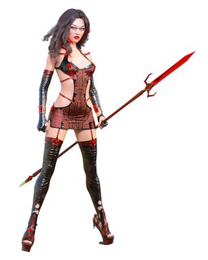 Üç boyutlu Japon suikastçı Amazon kadın canlandırması. Fütürist neon ışıltısı kostüm aldatmacası. Kavramsal moda sanatı. Baştan çıkarıcı samimi poz. İzole edilmiş.