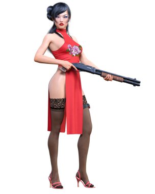 3D Japon savaşçısı Amazon kadın av tüfeği. Uzun elbise ve kesik. Çizgi film, çizgi roman, manga illüstrasyonu. Kavramsal moda sanatı.