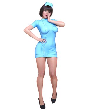 Mavi kısa elbiseli güzel kadın doktor. Stüdyo fotoğrafı. Kavramsal moda sanatı. Baştan çıkarıcı samimi pozlar..