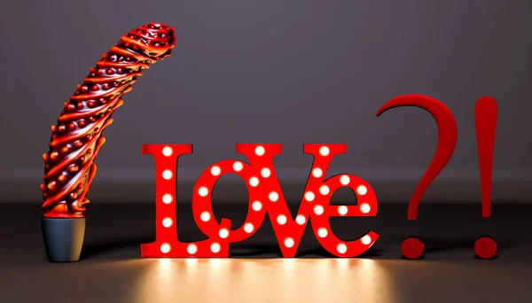 Silicon Vibrator Dildo Dark Background Glowing Red Neon Text Love — Zdjęcie stockowe