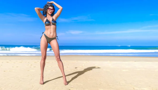 Vacker Solbränd Kvinna Baddräkt Bikini Havet Stranden Flicka Solglasögon Sommar — Stockfoto