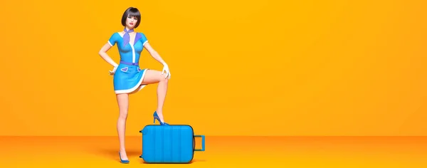 Schöne Frau Stewardess Und Suitcase Air Stewardess Flug Girl Short — Stockfoto