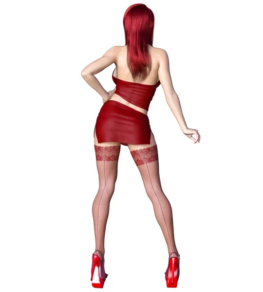 Redhead Sexy Secrétaire Bas Jupe Rouge Courte Belle Fille Sexuellement — Photo