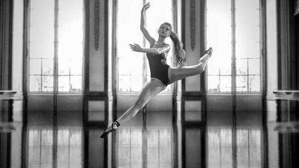 3D Ballerina light classic black pointe shoes and bodysuit. Dancing woman. Ballet sensual dancer. Studio photography. Conceptual fashion art render. Black and white vintage image