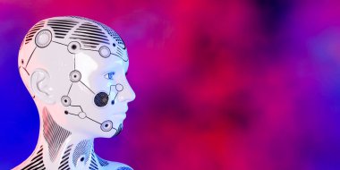 Kadın robot sanal gerçeklik gözlükleri. Beyaz metal droid. nöral ağlar. Yapay zeka. Kavramsal moda sanat 3D canlandırması. Renkli duman arka planı.