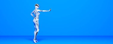 Kadın robot sanal gerçeklik gözlükleri. Beyaz metal droid. nöral ağlar. Yapay zeka. Kavramsal moda sanat3D canlandırması. Pastel arka plan.