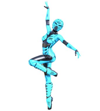 Dancing robot woman.Azure matte plastic metal droid.Android girl.Artificial Intelligence.Conceptual fashion art.3D render illustration.Studio, isolate, high key.