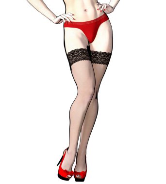 3D güzel kadın bacakları, siyah çoraplar ve kırmızı külotlar. Kadın stüdyo fotoğrafı. Yüksek topuklu. Kavramsal moda sanatı. Baştan çıkarıcı samimi pozlar.