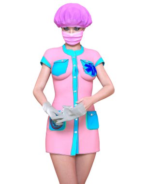 Steril şapkalı, eldivenli ve maskeli güzel kadın. Stüdyo fotoğrafı. Coronavirüs salgını. Kavramsal moda sanatı..