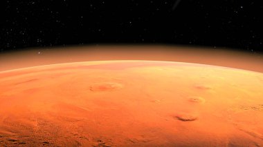 Uzak Uzaylı Kızıl Gezegeni. Kozmik manzara. Skyline terminatörü. 3 Boyutlu resimleme