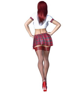 Güzel, genç, kızıl saçlı bir kadın poz veriyor. Kısa kırmızı etek kafesi, çoraplar, ayakkabılar, beyaz bluz. Uzun saç.