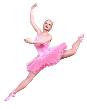 Dans eden balerin. Pembe bale balesi eteği. Sarışın, mavi gözlü kız. Bale sokak dansçısı. Stüdyo fotoğrafı..