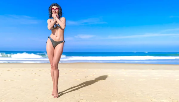Bella Abbronzata Donna Costume Bagno Bikini Mare Spiaggia Ragazza Occhiali — Foto Stock