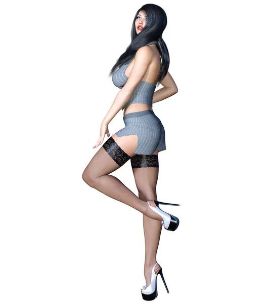 长发性感黑发秘书 身穿黑色长裤 漂亮的女孩性感的姿势 3D渲染隔离说明 — 图库照片