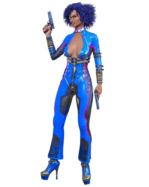 Sexy Anime Woman Gun Futuristic Extravagant Latex Clothing Comic Cosplay — Stock Photo, Image