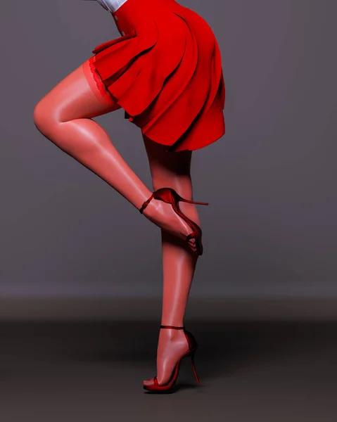 Belles Jambes Féminines Bas Rouges Jupe Fond Sombre Photographie Studio — Photo