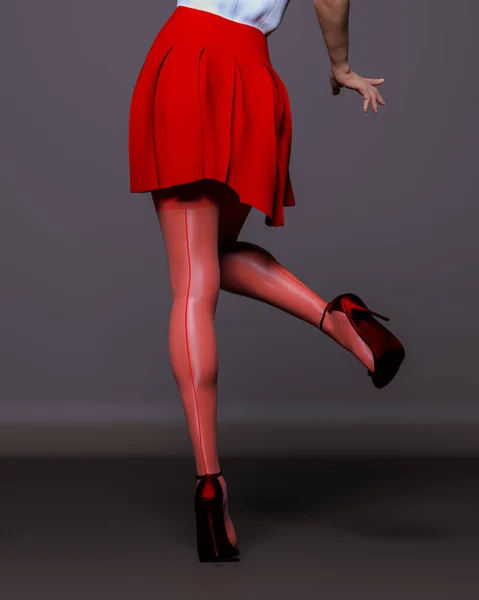 3D漂亮的女性腿红色长袜裙深色背景 女性摄影棚 高跟鞋 概念时尚艺术 迷人的直率的照片 渲染插图 秘书制服 — 图库照片