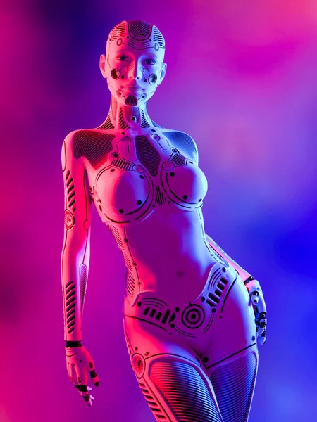 Robot woman. White metal droid. Android girl. Artificial Intelligence. Conceptual fashion art. Realistic 3D render illustration. Studio, isolate, high key.