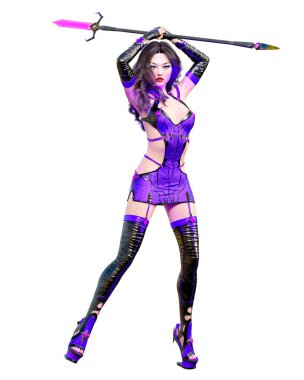 Üç boyutlu Japon suikastçı Amazon kadın canlandırması. Fütürist neon ışıltısı kostüm aldatmacası. Kavramsal moda sanatı. Baştan çıkarıcı samimi poz. İzole edilmiş.