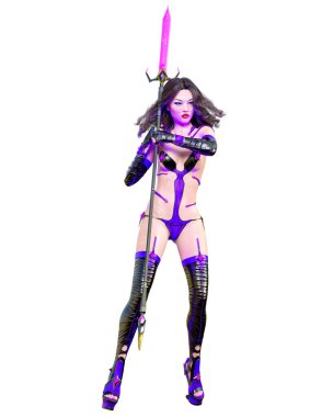 3D Japon suikastçı Amazon kadın. Fütürist neon parıltılı kostüm. Komedi kahramanı. Çizgi film, çizgi roman, manga illüstrasyonu.