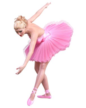 Dans eden balerin. Pembe bale balesi eteği. Sarışın, mavi gözlü kız. Bale sokak dansçısı. Stüdyo fotoğrafı..