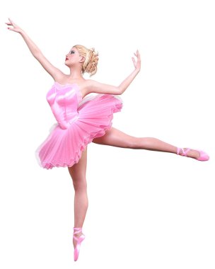 Dans eden balerin. Pembe bale balesi eteği. Sarışın, mavi gözlü kız. Bale sokak dansçısı. Stüdyo fotoğrafı..