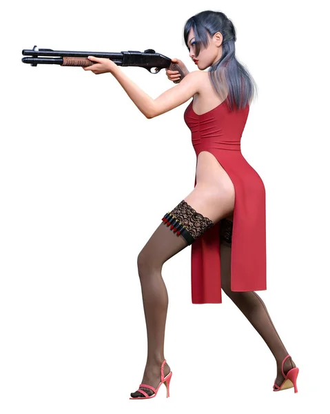 Japansk Krigare Amazon Kvinna Hagelgevär Render Long Klänning Med Slit — Stockfoto