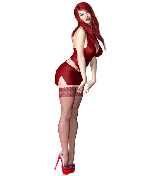 Redhead Sexy Secretary Short Red Skirt Stockings Beautiful Girl Sexually — Stock Photo, Image