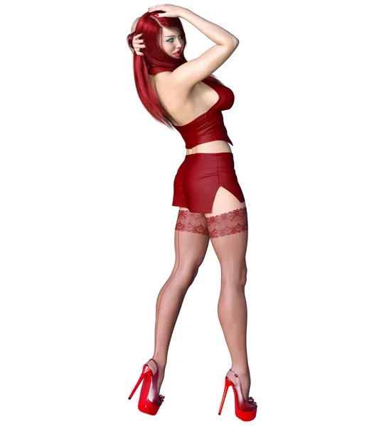 Rödhårig Sexig Sekreterare Korta Röda Kjol Stockings Beautiful Flicka Sexuellt — Stockfoto