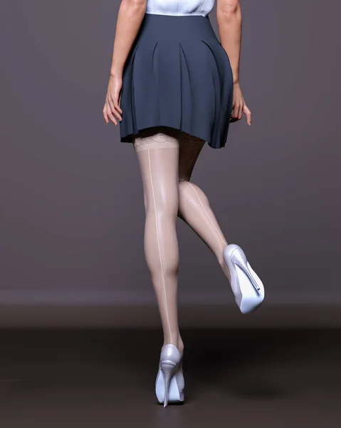 3D美しい女性の足の白いストッキングスカート暗い背景 女性のスタジオ写真 High Heel コンセプチュアルなファッションアート 誘惑率直な立場 レンダリングイラスト 秘書制服 — ストック写真