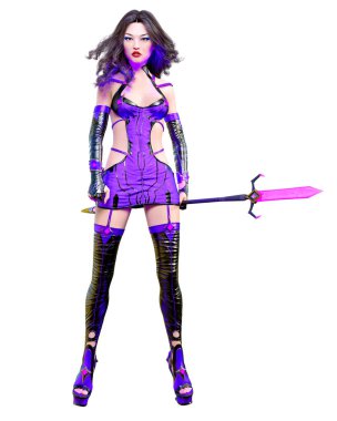 Üç boyutlu Japon suikastçı Amazon kadın canlandırması. Fütürist neon ışıltısı kostüm aldatmacası. Kavramsal moda sanatı. Baştan çıkarıcı samimi poz. İzole edilmiş.