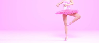 Üç boyutlu balerin bacakları klasik sivri ayakkabılar ve bale eteği. Dans eden kadın. Bale dansçısı. Stüdyo fotoğrafçılığı. Kavramsal moda sanat tasarımı. Pastel pembe arka plan. Boşluğu kopyala