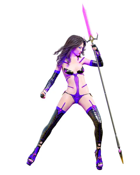 Japanese Assassin Warrior Amazon Woman Render Futuristic Neon Glow Costume — Stock Photo, Image