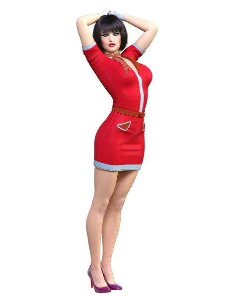 Mulher Bonita Stewardess Air Hostess Voo Girl Short Vestido Voo — Fotografia de Stock