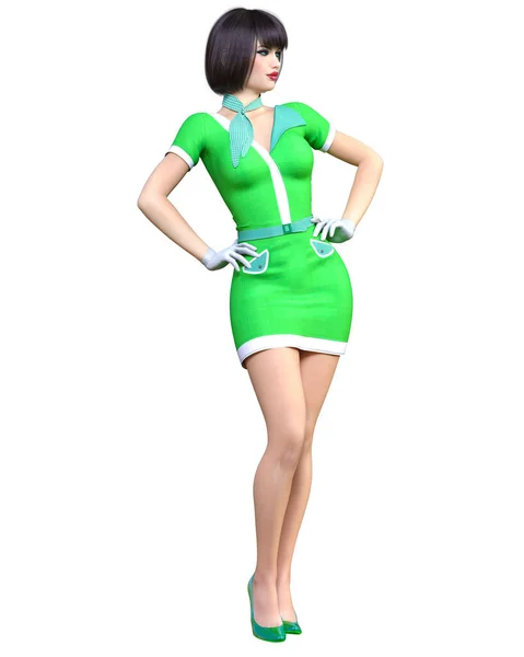 Mulher Bonita Stewardess Air Hostess Voo Girl Short Vestido Voo — Fotografia de Stock