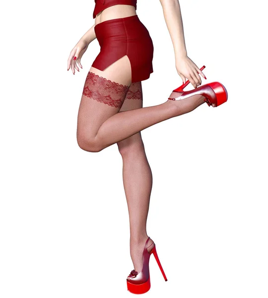 Beautiful Long Slender Sexy Female Legs Short Red Skirt Stockings — Stock Photo, Image