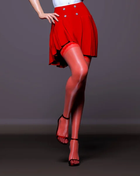 Красивые Женские Ноги Красные Чулки Юбки Темный Фон Женщина Студия — стоковое фото
