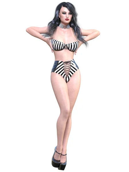 ミニマリスト高級セクシーラテックスボディスイートで背の高いセクシーな女性 概念的なファッションアート 説得力のあるポーズ 3Dレンダリングイラスト スタジオ ハイキー — ストック写真