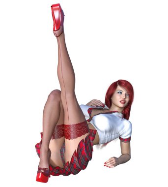 Güzel, genç, kızıl saçlı bir kadın poz veriyor. Kısa kırmızı etek kafesi, çoraplar, ayakkabılar, beyaz bluz. Uzun saç.