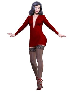 Güzel kadın kısa gece mini elbisesi ve siyah çorap koleksiyonu. Parlak makyaj. Kadın stüdyo fotoğrafı. Kavramsal moda sanatı..