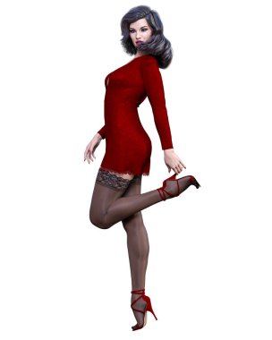 Güzel kadın kısa gece mini elbisesi ve siyah çorap koleksiyonu. Parlak makyaj. Kadın stüdyo fotoğrafı. Kavramsal moda sanatı..