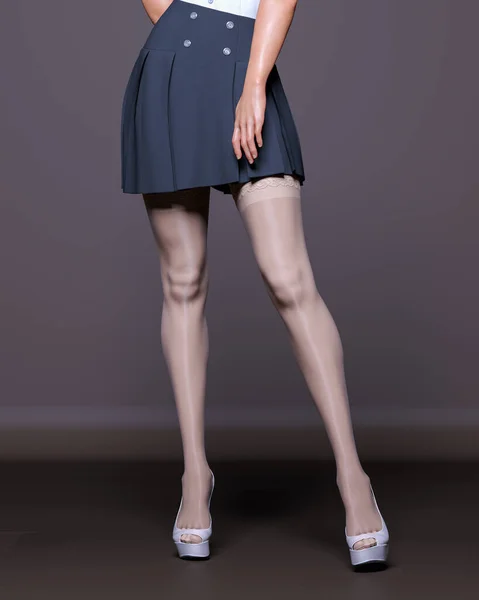 Schöne Weibliche Beine Weiße Strümpfe Rock Dunklen Background Woman Studio — Stockfoto