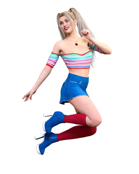 美しい若い魅力的な女性の学校の制服 Teenager女の子デニムショートスカート Woman Studio High Heel Conceptualファッションアート Seductive率直なPose 3Dレンダリングイラスト — ストック写真