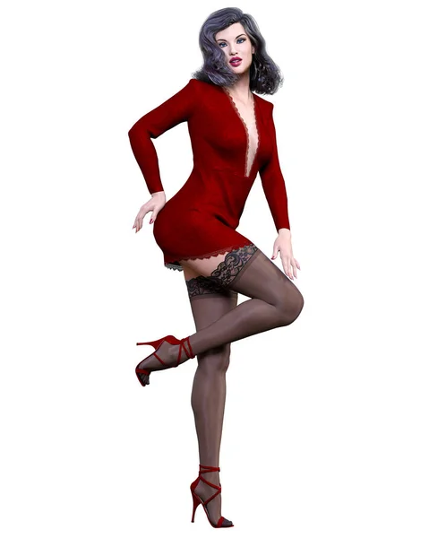 Hermosa Mujer Roja Corta Noche Mini Vestido Negro Stockings Summer — Foto de Stock