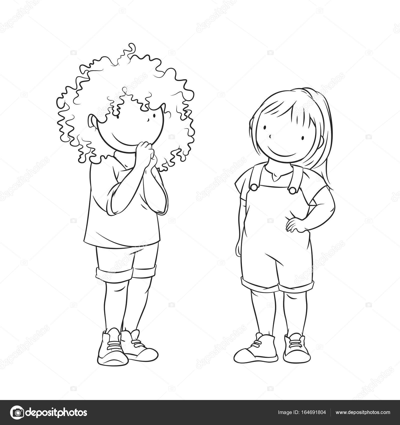Due giovani ragazze in piedi coppia multietnica di bambini da colorare illustrazione di