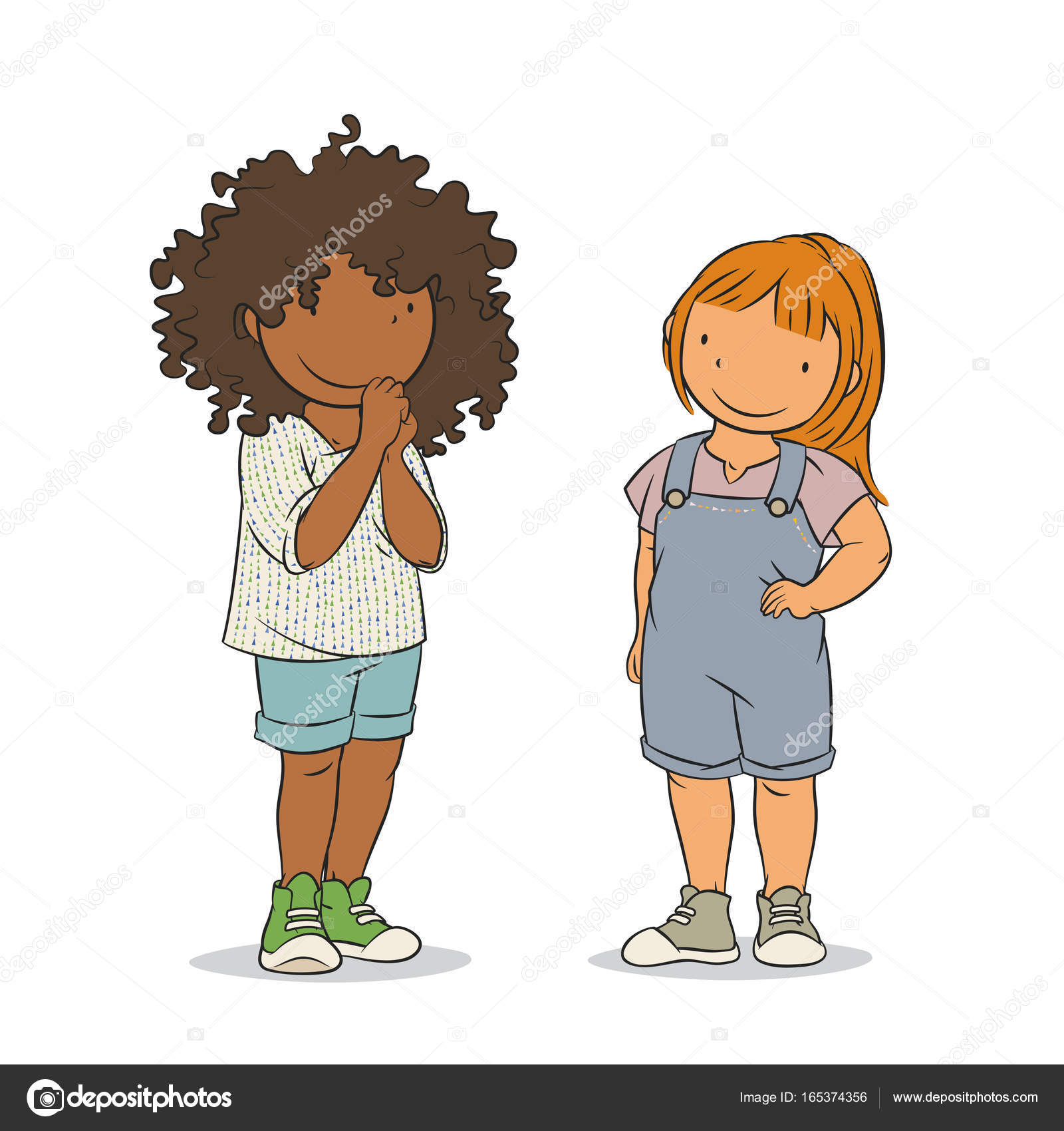 Due giovani ragazze in piedi coppia multietnica di bambini illustrazione di vettore — Vettoriale