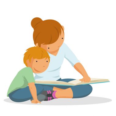 Anne ve oğlu ebeveynlik, düz vektör çizim kitap okumak.