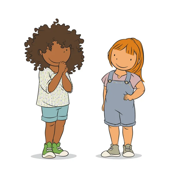 Dos chicas jóvenes de pie, pareja multiétnica de niños, ilustración vectorial . — Vector de stock